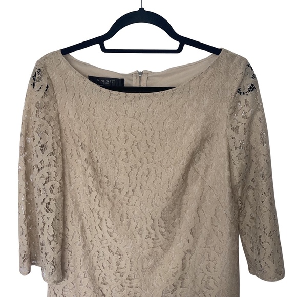 Nine West Dress Beige Blush Lace Overlay Knee Length 3/4 Sleeve Zip Back Sz10 - Picture 3 of 13